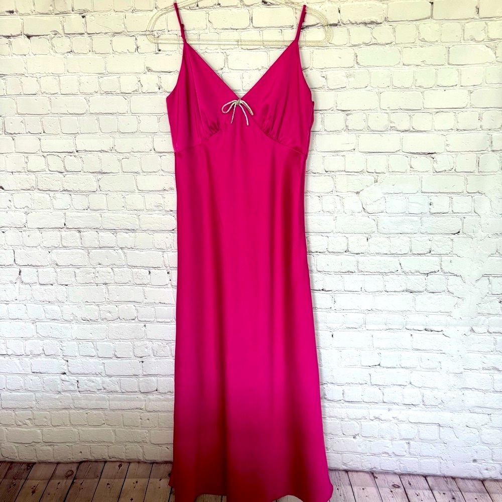 WAYF Pink Spaghetti Straps Satin Slip Maxi Rhinestone Bow Dress--NWT--S